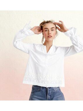 J.Crew White Floral Embroidered Popover Blouse XS NEW
